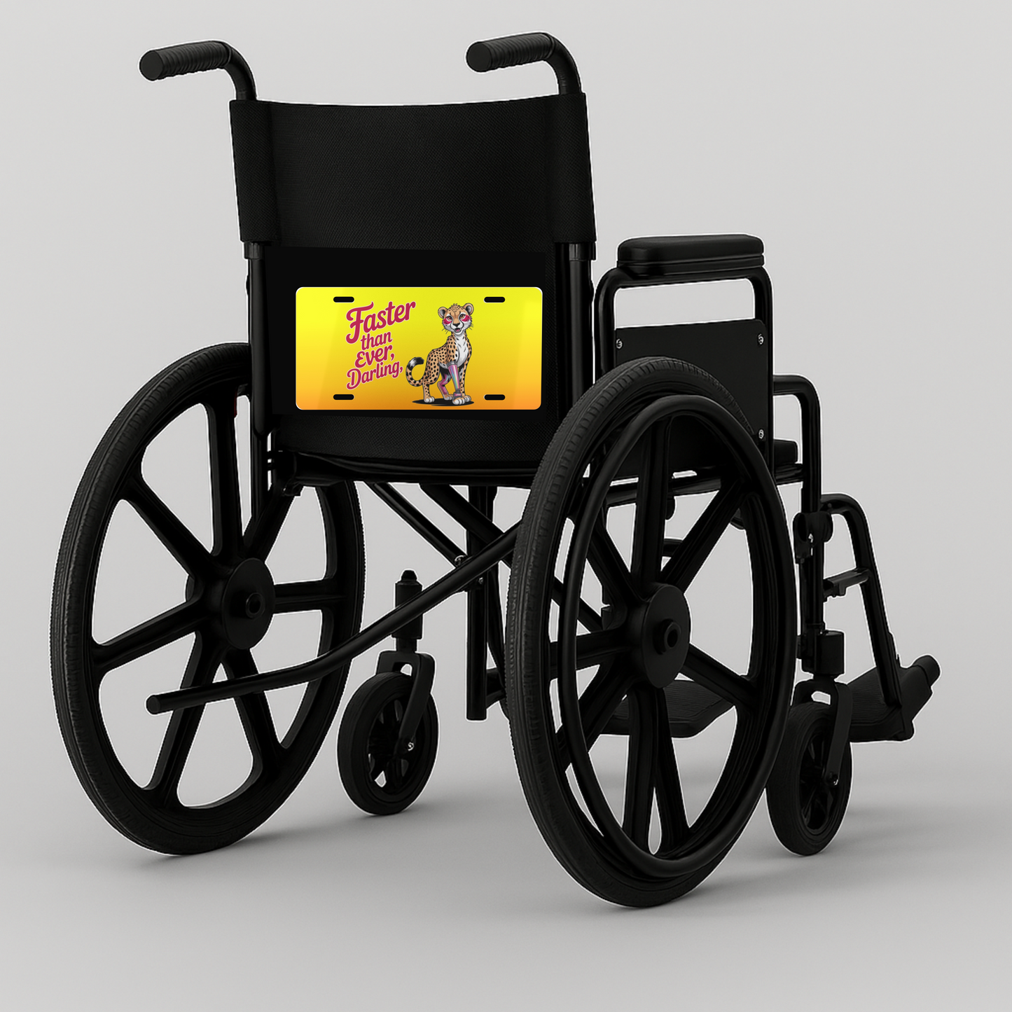 Amputee Wheelchair License Plate – Faster Than Ever Cheetah Design – Funny Prosthetic Mobility Plate for Chairs & Scooters